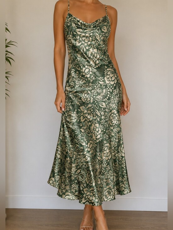 Zara Dresses & Skirts - Zara Green and Cream Floral Satin Maxi Dress